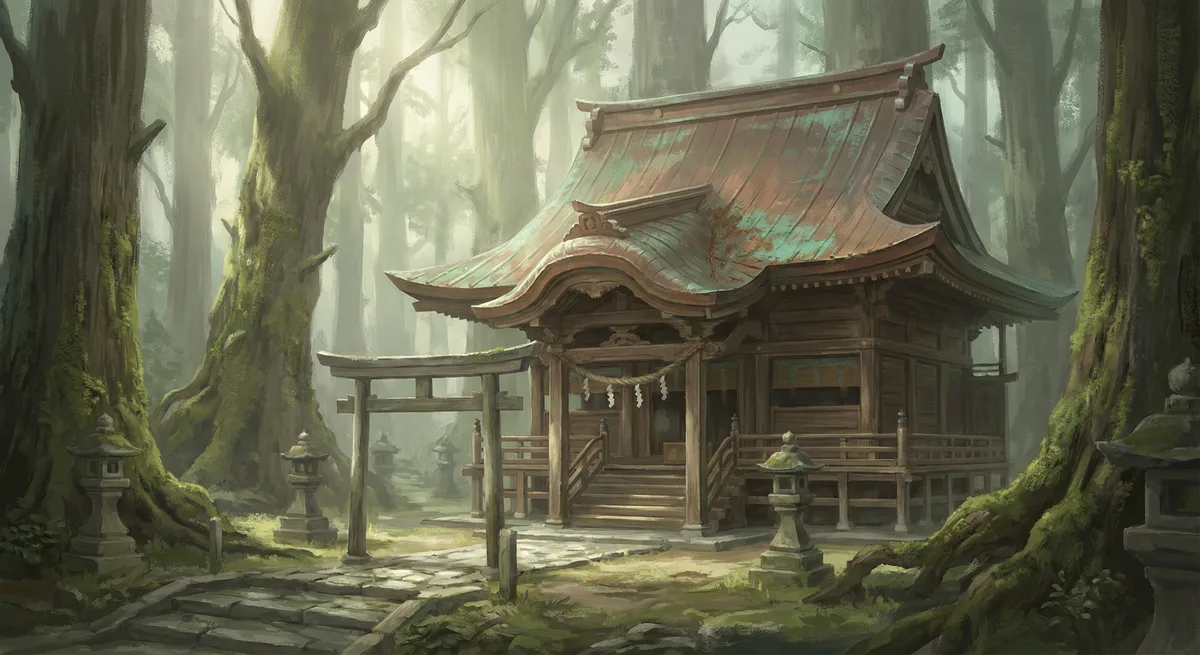 Shinto shrine — wood, thatch or copper roof, serene forest setting