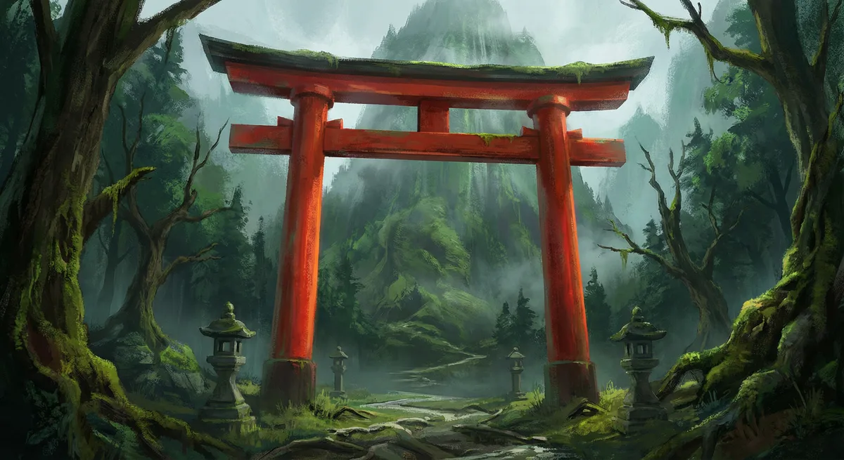 Torii gate before mountain — red against forest green, sacred threshold