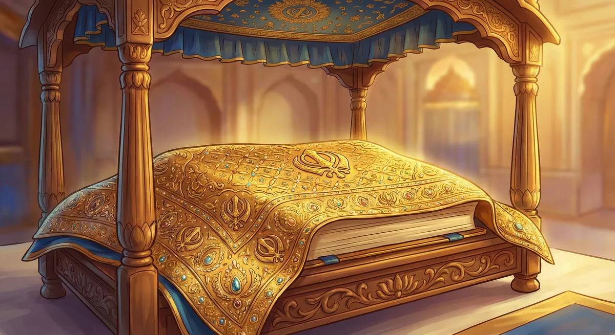 Guru Granth Sahib — reverent, ornate, golden cloth