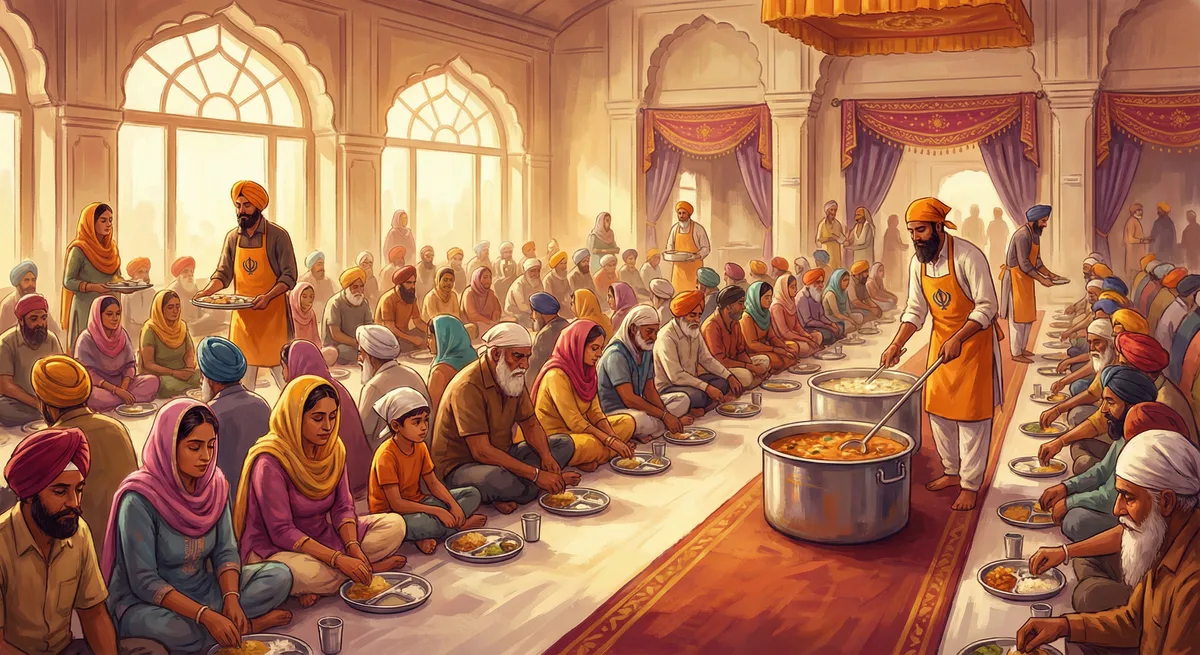 Langar hall — community meal, diverse people sharing food