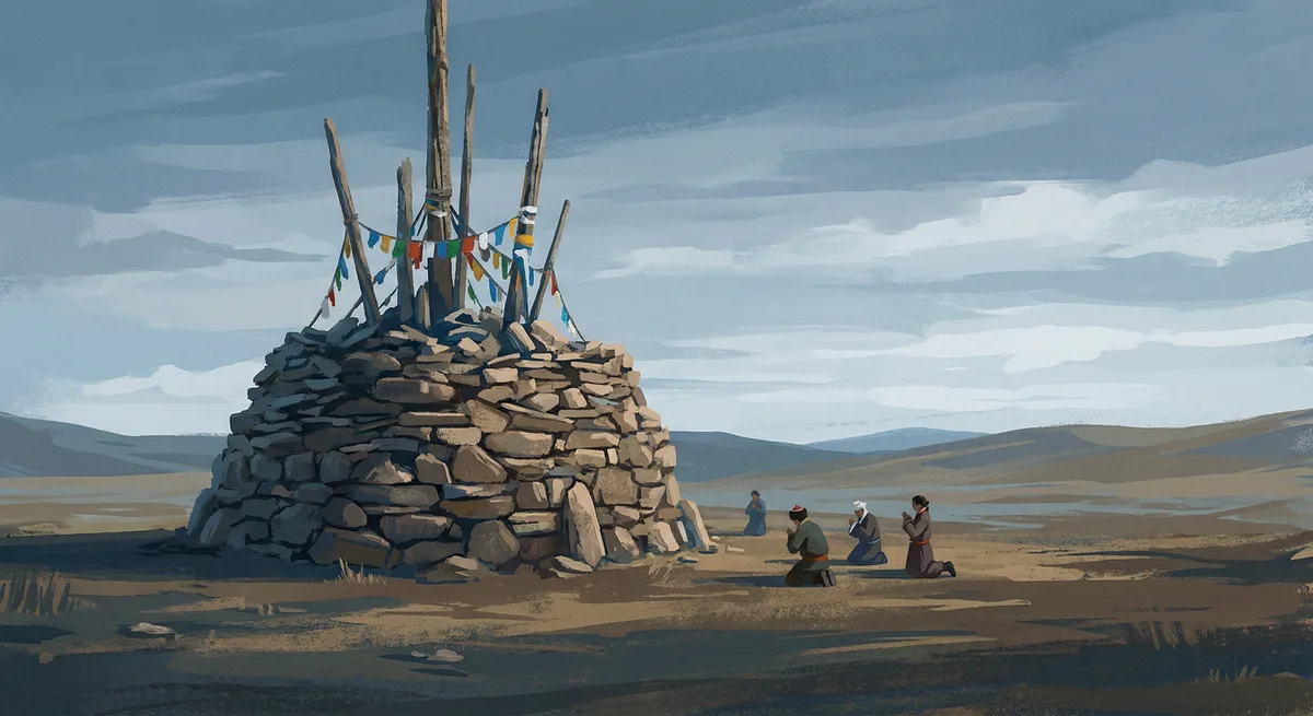 Oboo — cairn or shrine on the steppe, sky and stone