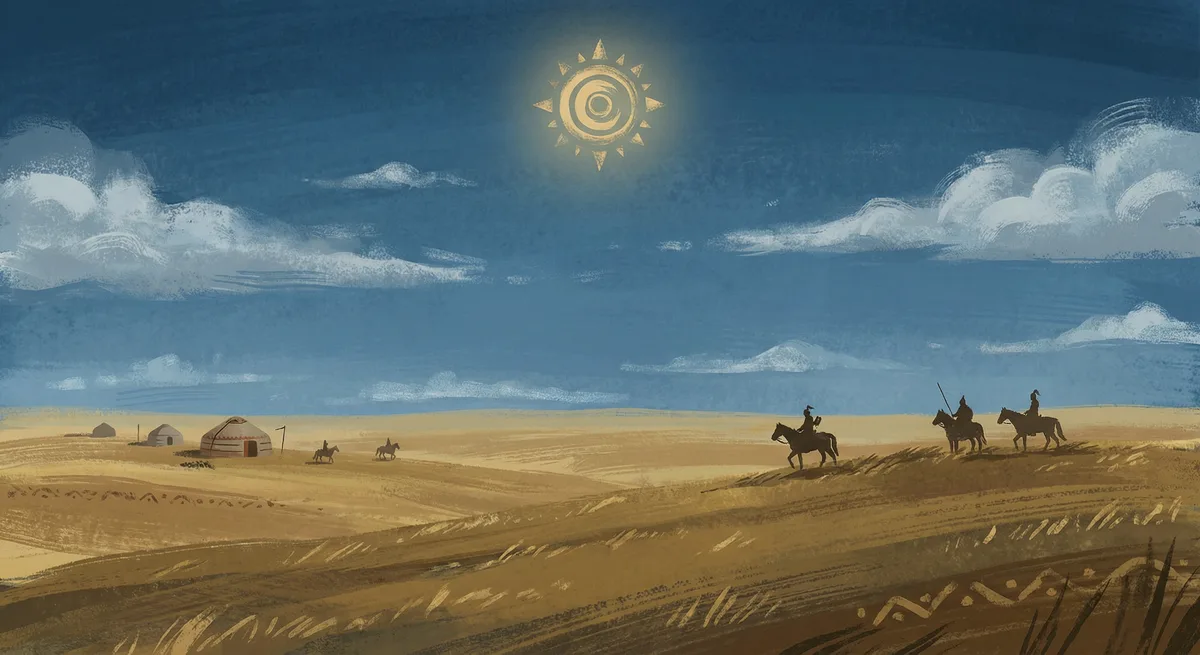 Vast blue sky over steppe — eternal, expansive