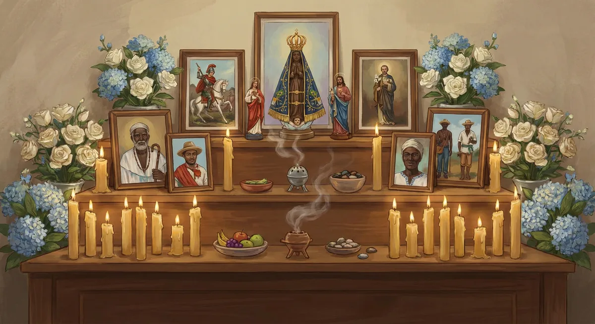 Umbanda altar — candles, flowers, images of saints and spirits, reverent
