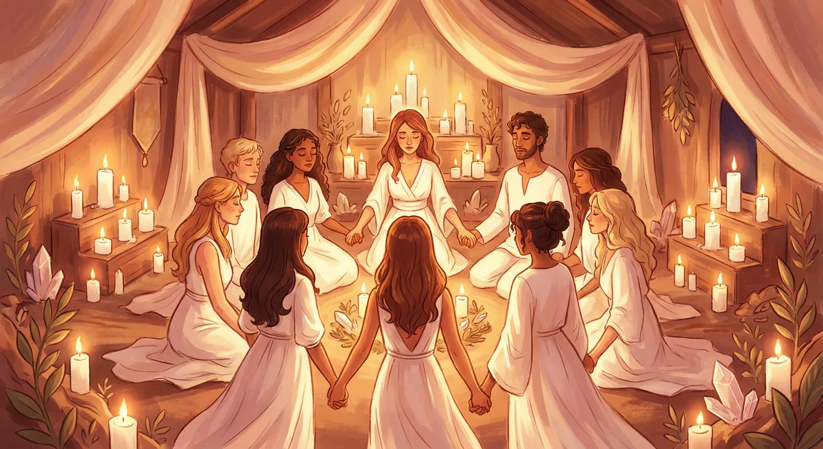 Reverent ceremony — white, candles, community