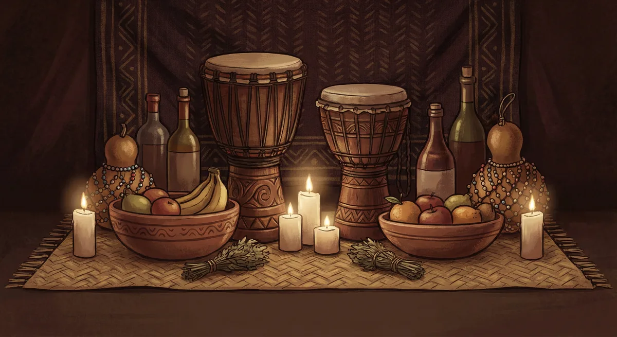Ritual objects — drums, offerings, reverent arrangement
