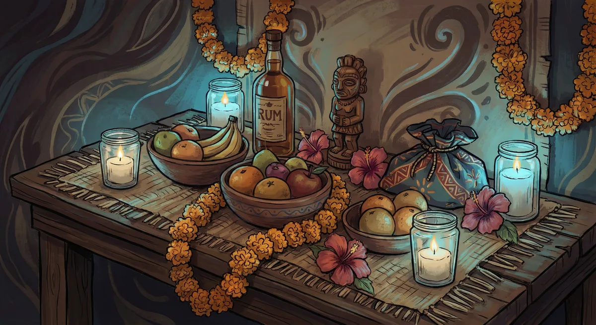 Offerings — food, candles, flowers, reverent