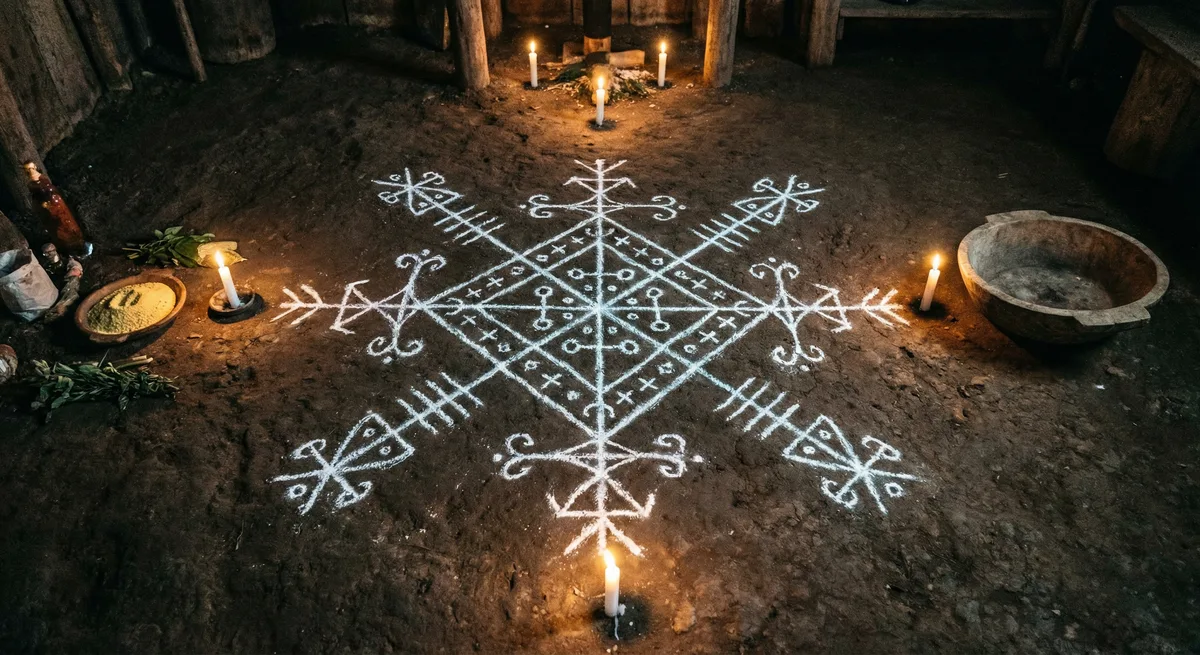 Vèvè — ritual drawing for the lwa, chalk on earth