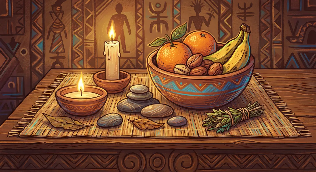 Reverent offering — fruits, candles, natural elements