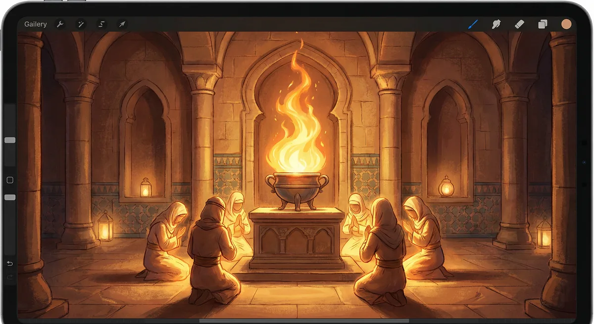 Fire temple interior — flame, reverent